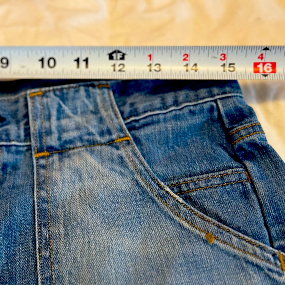 Levi Jean shorts, painter pants style. Words “I Love You” embroidered in red - Picture 5 of 8